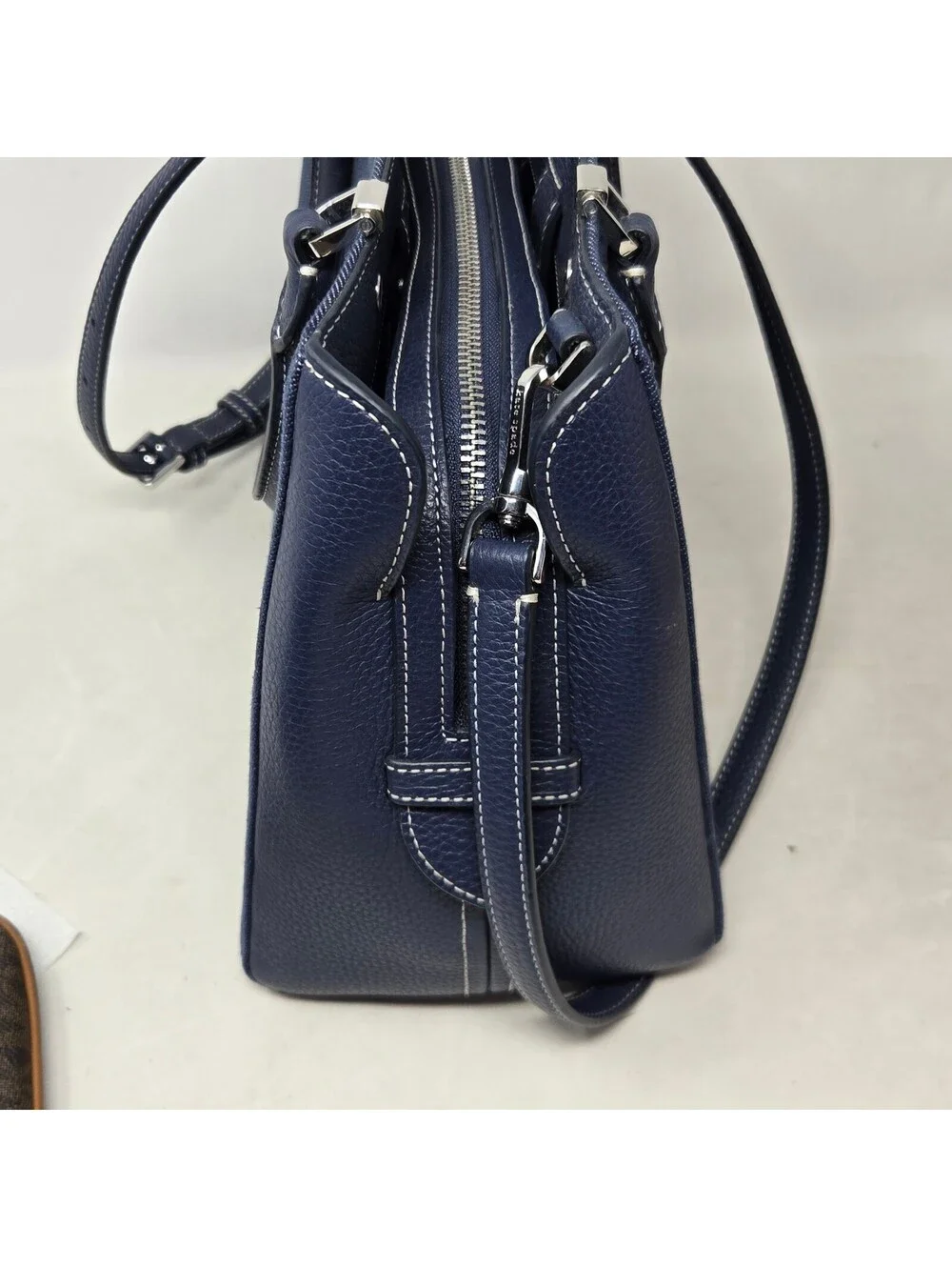 Kate Spade Leila medium triple compartment satchel Denim & Navy Leather EUC